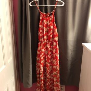 Red and white floral maxi dress